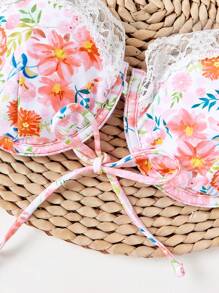 SHEIN Swim 女士度假迷你花卉比基尼套装夏季海滩 - 橘色 - 查看 4