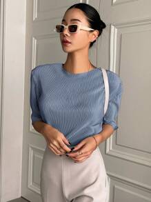 DAZY Ladies' Solid Color Pleated Short Sleeve T-Shirt