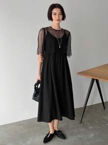 FRIFUL Women Round Neck Short Puff Sleeve Sheer Mesh Top And Black Long Cami Dress Set,Women Two Pieces Sets