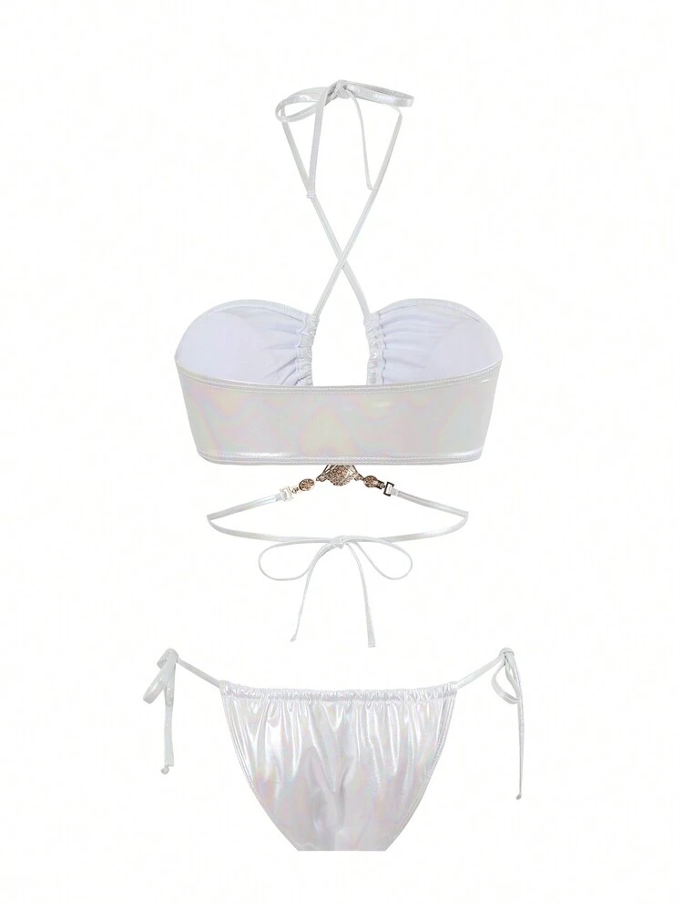 Plain Rhinestone Decor Cross Back Neck Halter Bikini Set Summer Beach