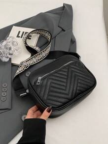 Solid Color Diamond Pattern Simple & Elegant Fashionable Shoulder Bag For School, Work, Leisure, Travel - Black - View 4