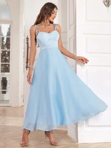 Tie-Up A-Line Organza Bridesmaid Dress - Blue - View 5