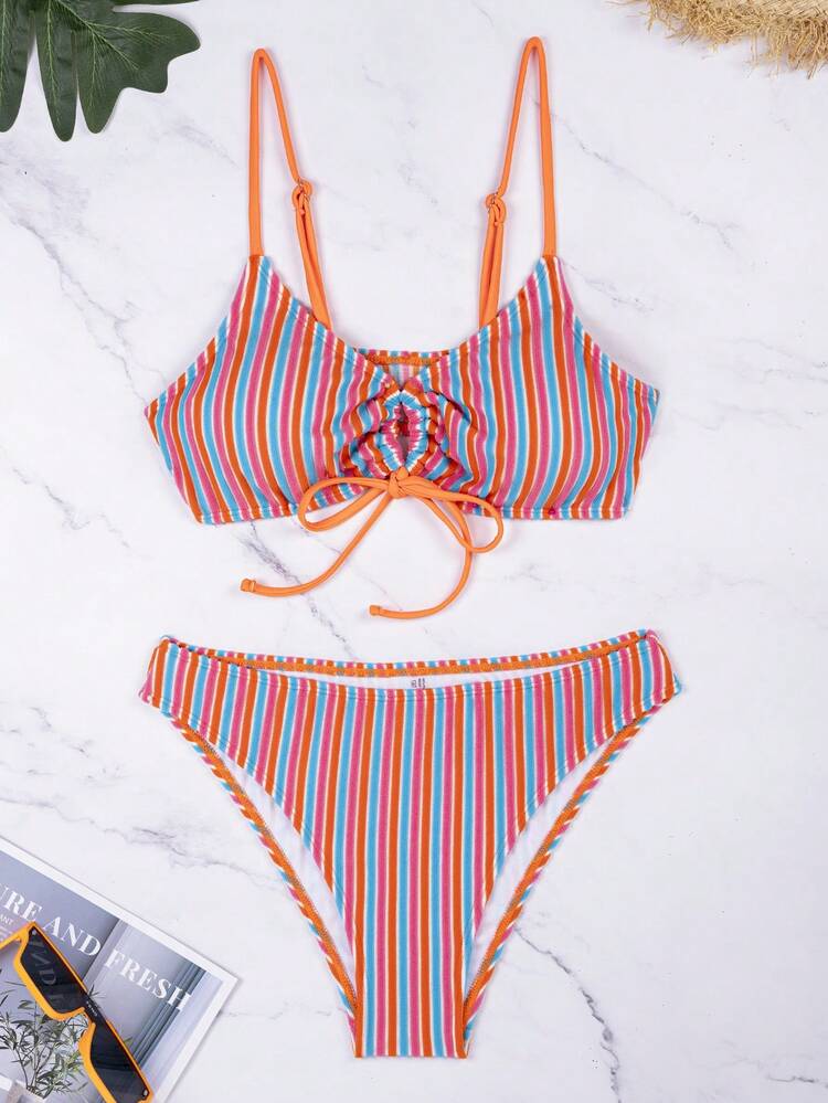Summer Women Striped Printed Bra And Bikini Set