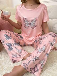 Conjunto de pijama con estampado de mariposa, manga corta y pantalón largo para mujer