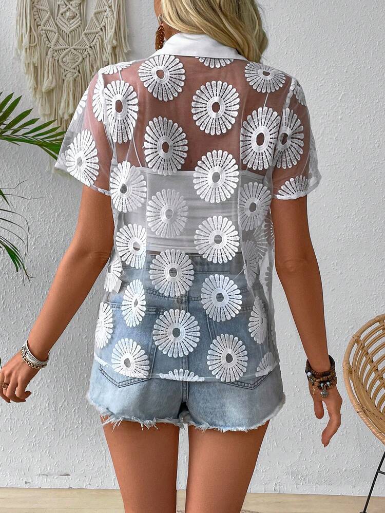 Women Summer Casual Embroidery Detail Button Down Short Sleeve Shirt