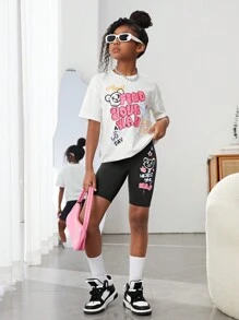 SHEIN Camiseta Holgada Con Estampado Gráfico Y Pantalones Cortos Para Ciclista De Niñas Adolescentes
