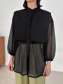 FRIFUL 女式休闲长袖衬衫，正面纽扣，网布拼接，透视 - 黑色 - 查看 3