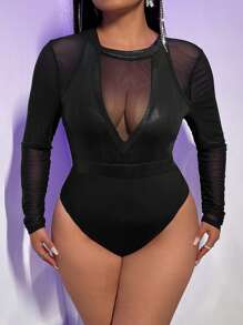 FASSION BY DANA Designer Plus Size Women Spring/Summer Contrast Mesh Long Sleeve Bodycon See-Through Bodysuit, Holiday - Black - View 1