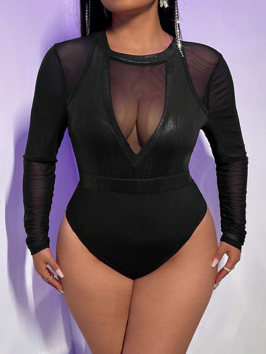 FASSION BY DANA Designer Plus Size Women Spring/Summer Contrast Mesh Long Sleeve Bodycon See-Through Bodysuit, Holiday - Black - View 1