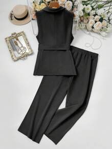 Mulvari 女士纯色简约加大码西装套装两件套 - 黑色 - 查看 2