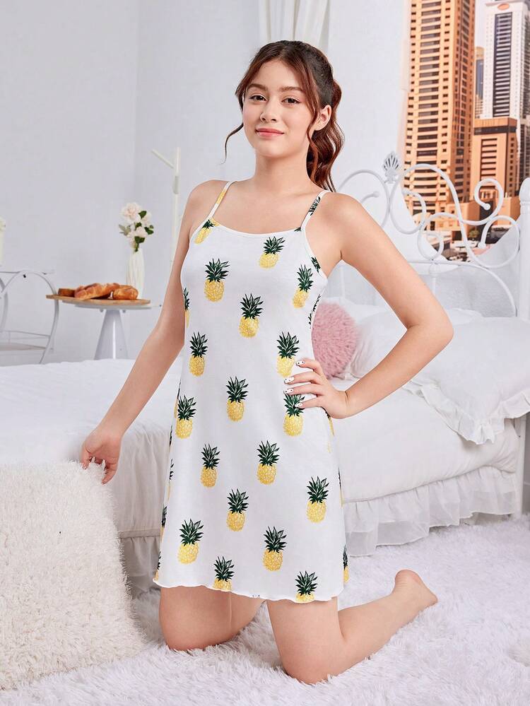 Teen Girl Loose Pineapple Pattern Knitted Flame Resistant Home Dress With Wide Strap For Summer