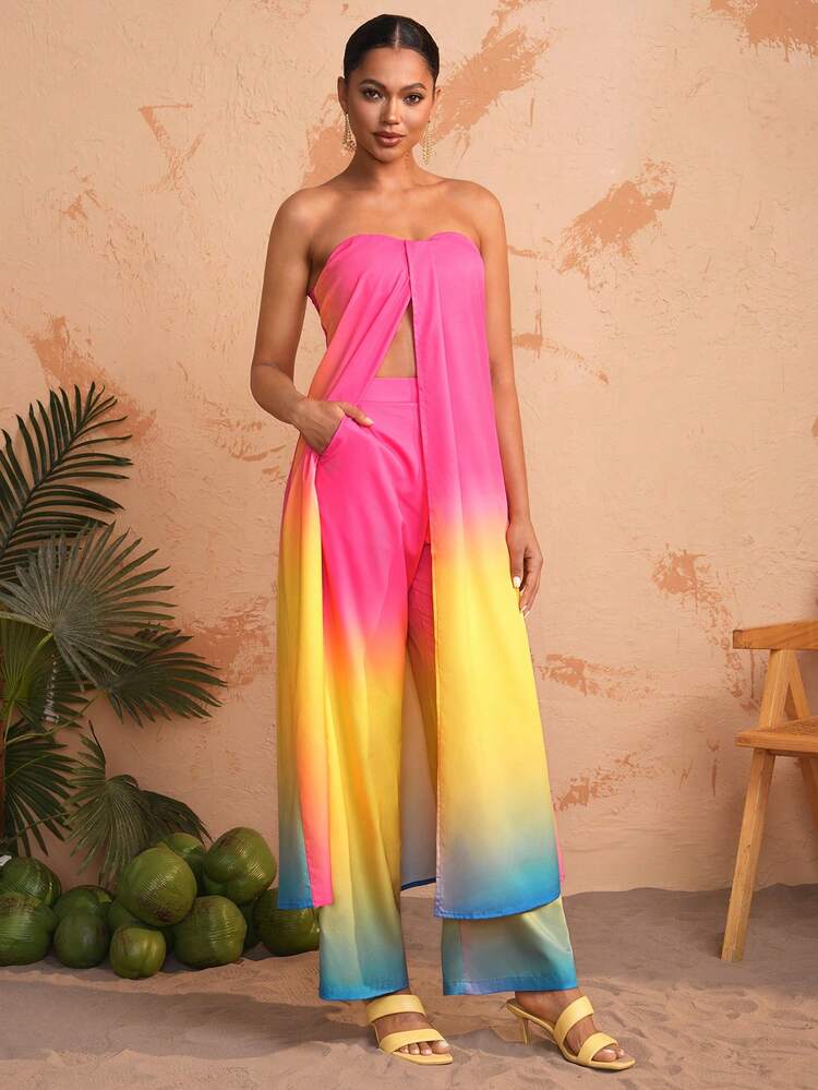 Designer Boho Bohemian Women Gradient Color Printed Tube Top And Pants Set, For Summer, Holiday, Vacation, Spring, Going Out, Festival, Ibiza Fits