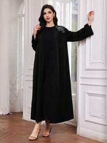 Al Najma Túnica Árabe de manga larga bordada con flores, adecuada para primavera y verano - Negro - Ver 6