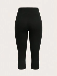 Women Simple And Comfortable Solid Color Sports Capri Leggings - Black - View 2