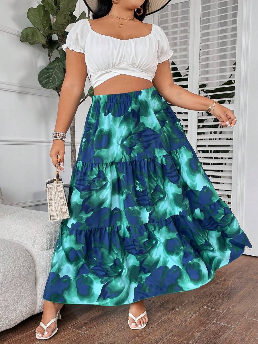 SHEIN Holidaya 大尺寸縮染花卉印花雨傘裙，適用於春夏季節 - 綠色 - 查看 1