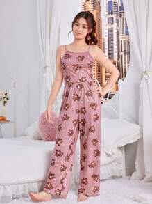 SHEIN Teen Girl Cute Bear Pattern Wedding/Party Cami Vest And Long Pants Flaming Retardant Outfits Set