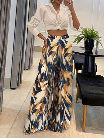 Fashionable Long Loose Wide Leg Geometric Print Pants With An Elegant Style For Spring/Summer