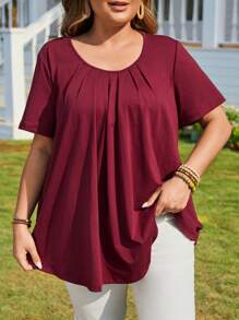 EMERY ROSE Plus Size Women's Round Collar Wrinkle Burgundy Top Mother's Day - Burgundy - View 6