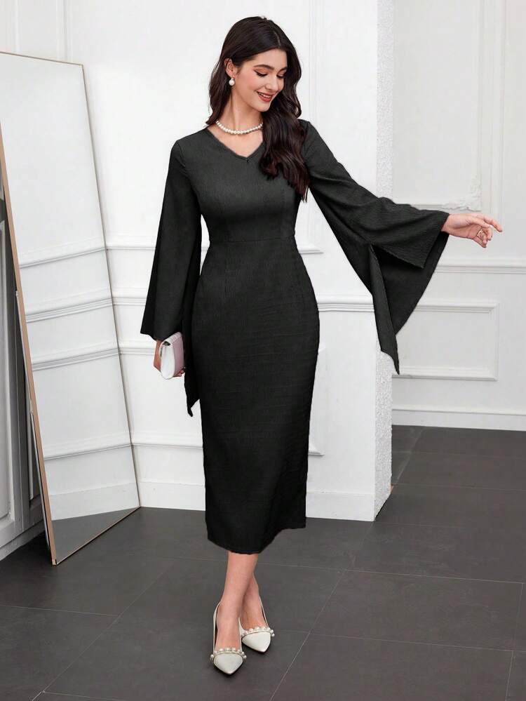 Women Spring/Summer V-Neck Solid Color Slim Fit Elegant Dress With Flare Sleeves Long Evening Dresses Fall Cloth For Women