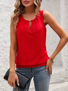 INAWLY 女士實色露肩空心刺繡細節背心,寬肩帶款式 - 紅色 - 查看 3