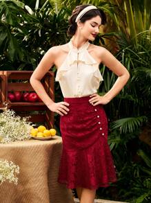 Vintamour 复古蕾丝鱼尾裙女夏装红色蕾丝裙优雅裙商务休闲女装金属纽扣母亲节服装红色蕾丝裙派对蕾丝裙 - 酒紅色 - 查看 5