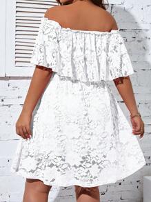 SHEIN Clasi Vestido de verano para mujer de talla grande con encaje, ribete de borlas y dobladillo con volantes, estilo de hombros descubiertos