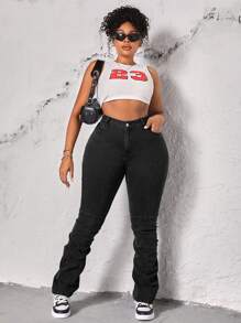 SHEIN SXY 大尺碼休閒褶皺設計修身分割搭扣牛仔褲 - 黑色 - 查看 5