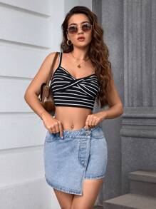 SHEIN ICON 女性夏季休閒不對稱包覆式牛仔短褲 - 淺色水洗藍 - 查看 5