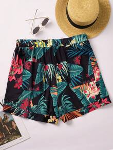 Women Plus Size Fashionable Loose Beach Shorts With Floral Print - Black - View 2