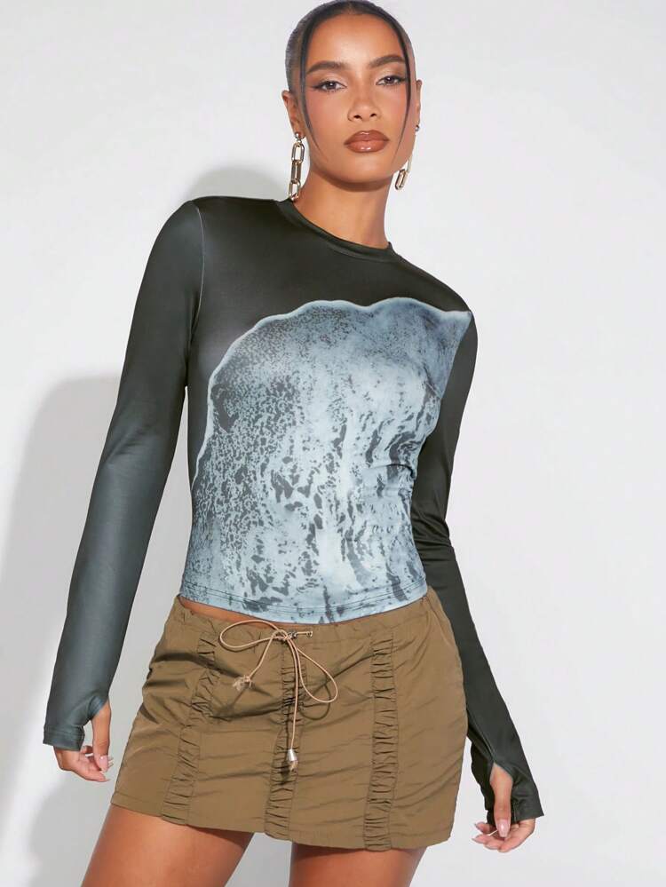 Colorblock Print Thumb Hole Round Neck Fashion Tee