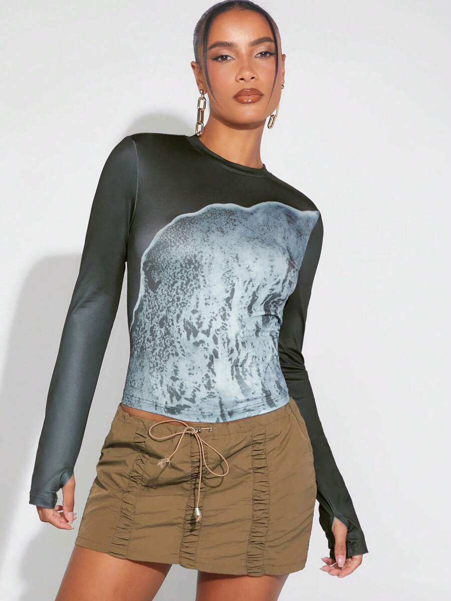 Hauture Colorblock Print Thumb Hole Round Neck Fashion Tee - Dark Grey - View 1