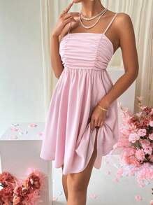 SHEIN Privé Women's Solid Color Pleated Cami Dress - Pink - View 5