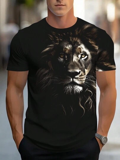 Manfinity LEGND Men Plus Size 3D Lion Graphic Printed Short Sleeve T-Shirt, Going Out Street Wear