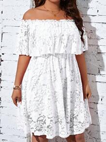 SHEIN Clasi Vestido de verano para mujer de talla grande con encaje, ribete de borlas y dobladillo con volantes, estilo de hombros descubiertos