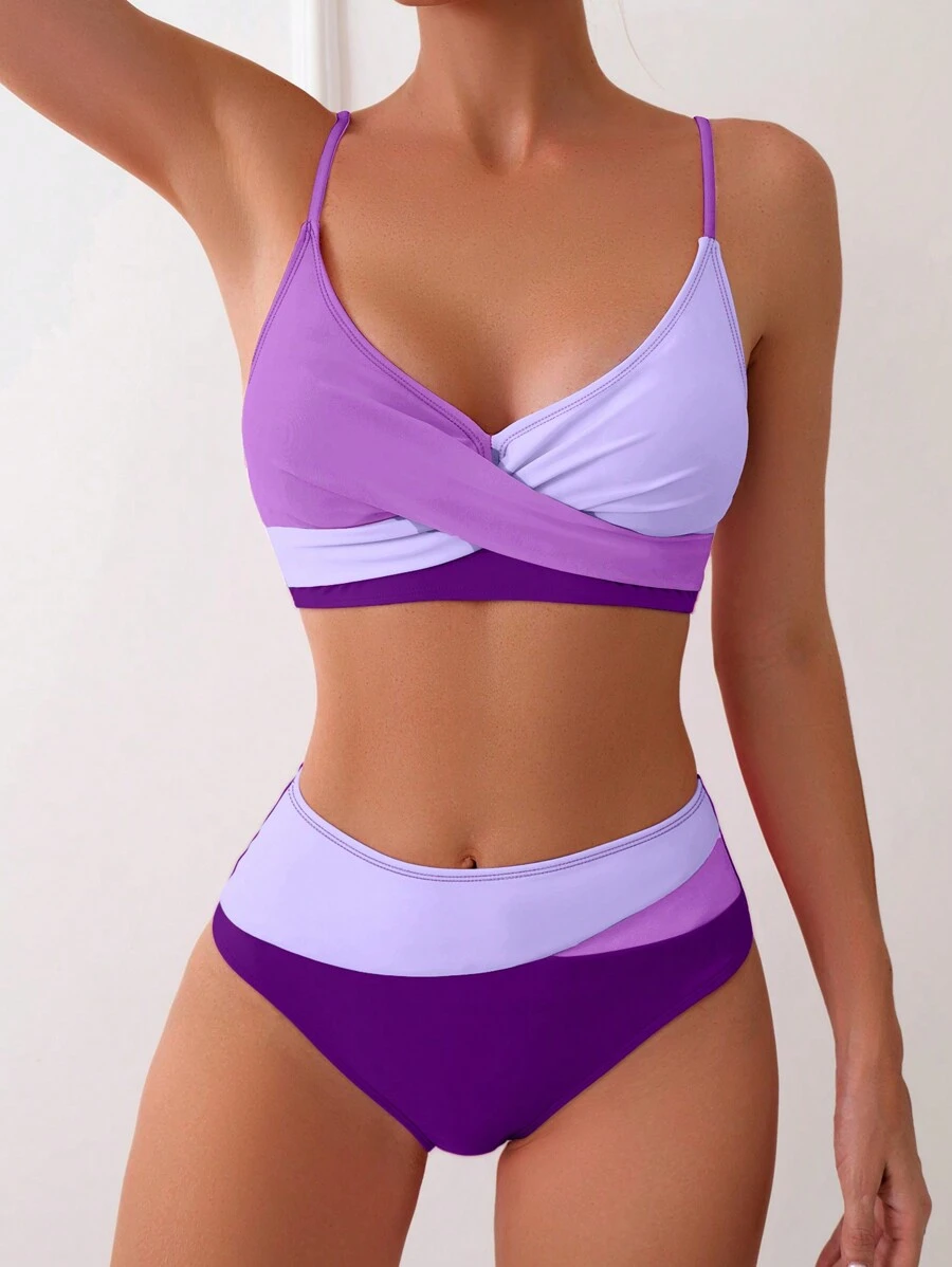 SHEIN Swim Women Summer Beach Color-Block Spaghetti Strap Bikini Set