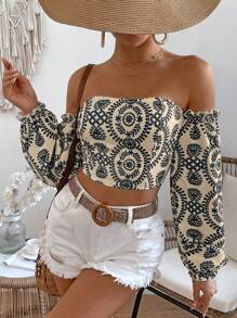 Breezaya 女士春夏度假风植物印花露肩灯笼袖宽松衬衫、长袖上衣 - 卡其色 - 查看 4