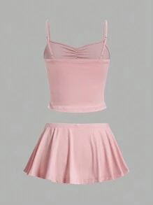 SHEIN EZwear Ladies' Solid Color Pleated Cami Top And Skort Set