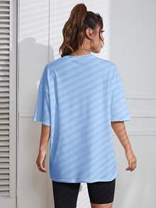 SHEIN EZwear 女士夏季休閒短袖T恤，印有字母和小熊圖案，圓領設計 - 藍色 - 查看 2