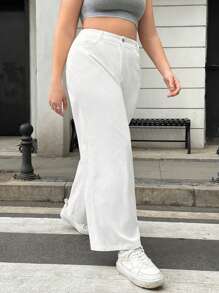 SHEIN EZwear Pantalones de traje blancos básicos de cintura alta para mujer de talla grande para el verano diario casual y ajustado con pierna recta de color sólido y larga - Blanco - Ver 4