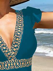 SHEIN Swim Women\  Flower Embroidery Deep V-Neck One-Piece Swimsuit, Suitable For Summer, Beach, Pool, Vacation - Teal Blue - View 4