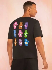 SHEIN X Care Bears Men's Summer Cartoon Dreamy Fun Dopamine Rainbow Care Bear Pattern Casual Loose Short-Sleeved T-Shirt - Black - View 3