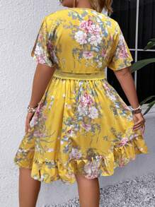 Flirla 女士時尚的夏日假期印花V領加大碼連衣裙，束腰設計