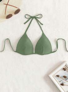 Ladies' Summer Beach Solid Color Halter Neck Bikini Top For Vacation - Army Green - View 1