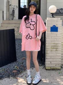 DAZY Summer Casual Loose Flower & Slogan Printed Drop Shoulder Short Sleeve T-Shirt Cute Tops Oversized T-Shirt,Graphic Tees