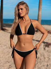 SHEIN Swim Vcay Summer Beach Halter Triangle Cup Bikini Set - Black and White - View 1