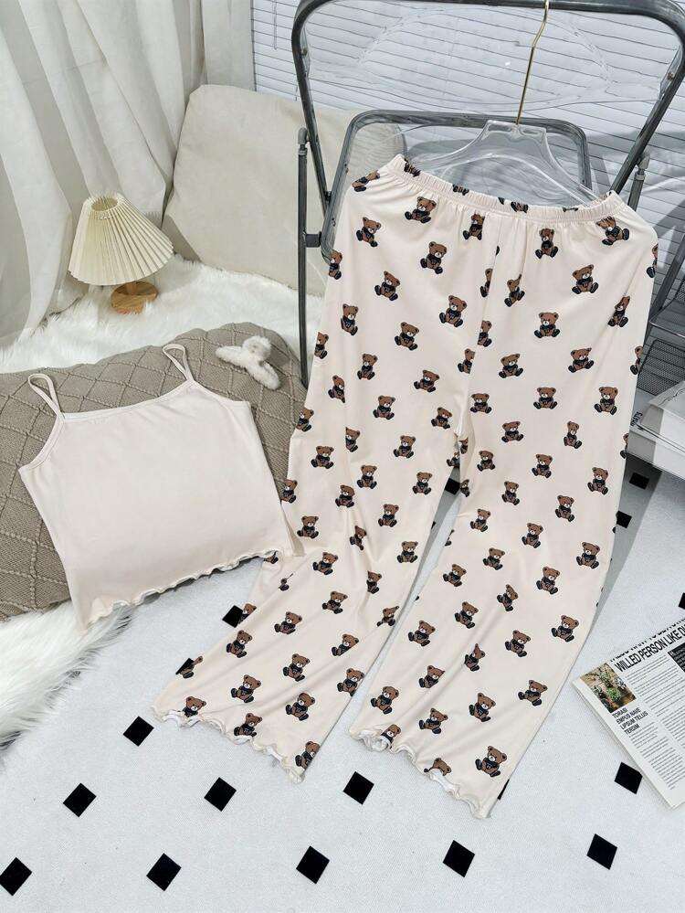 Teen Girls' Cute Bear Pattern Cami Wide Leg Pants Lounge Set