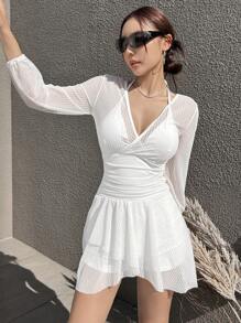 DAZY 女士时尚纯色长袖连体泳衣夏季度假