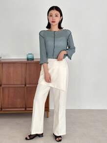 FRIFUL Spring Boat Neck Contrasting Colors Exposed Seam Texture Casual Top