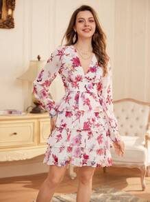 Revavyn Women Floral Printed Multi-Layered Ruffled Cinching Waist Dress For Spring And Summer Vacation Outfits Woman  Fall Cloth For Women - Red - View 7