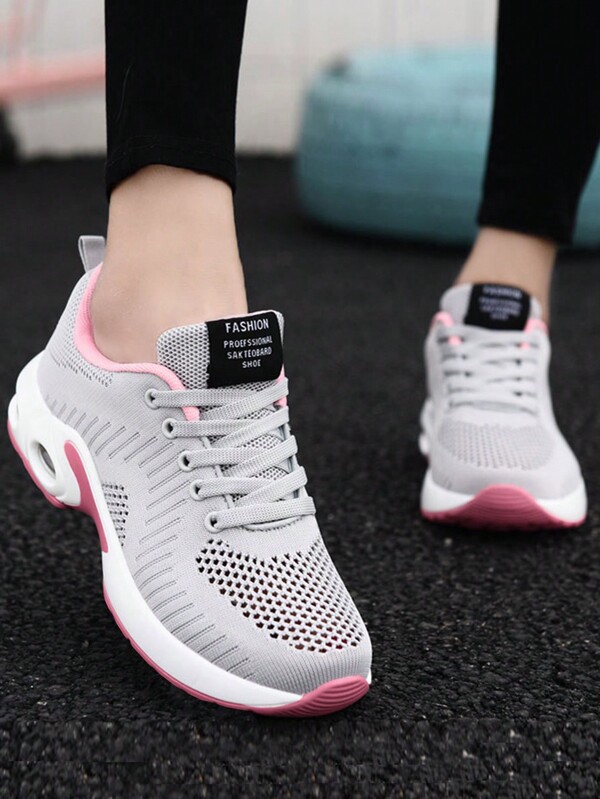 Fall/Winter Women's Mesh Breathable Sneakers With Thick Red Sole & Air Cushion Design And Comfortable Lace-Up Closure, Perfect For Highway Running And Travel, Spring New Arrival